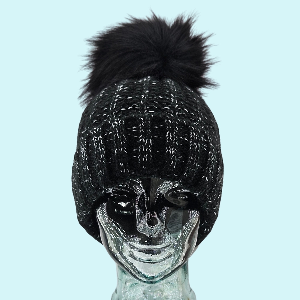 Kyi Kyi Hat Beanie Black Chunky Ribbed Cuffed Faux Fur Pom Pom Cottagecore Gift